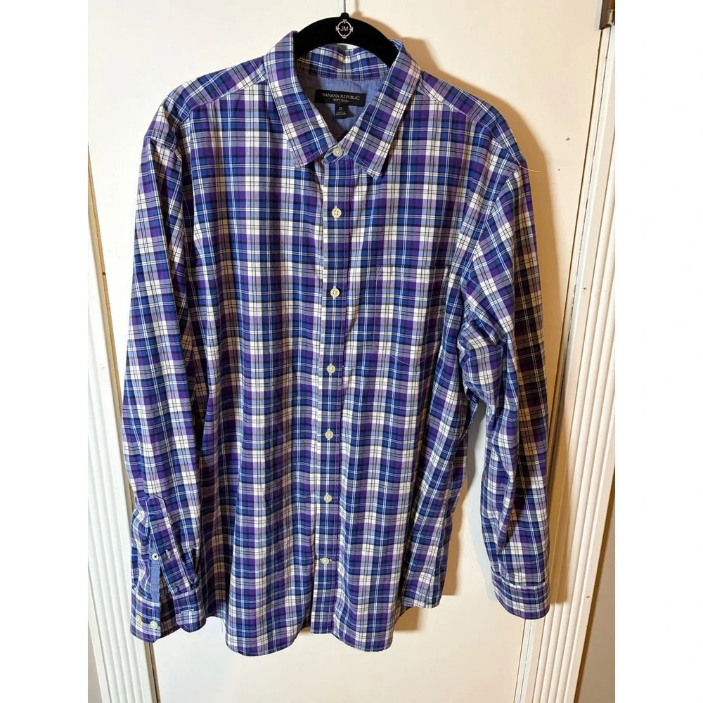 Banana Republic Soft Wash Plaid Button Down Shirt Mens XL Purple Long Sleeve